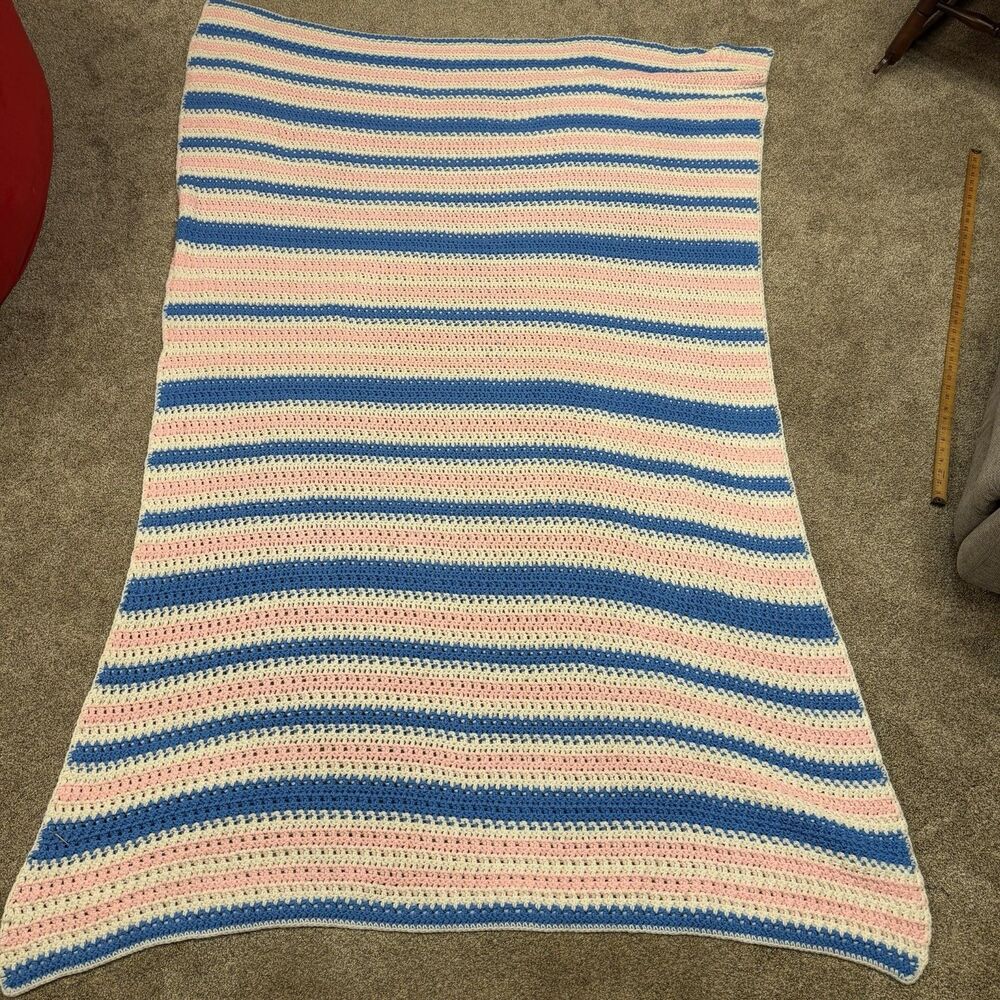 Crocheted Baby Blanket 50x80 Inches Blue Pink and White Handmade Soft Thick Nice